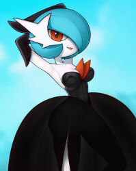 Rule 34 | 1girl, :d, alternate color, armpits, arms behind head, arms up, bare shoulders, black dress, breasts, collarbone, colored skin, creatures (company), dress, game freak, gardevoir, gen 3 pokemon, green background, highres, large breasts, loodncrood, nintendo, open mouth, pokemon, red eyes, shiny pokemon, short hair, smile, solo, tongue, white skin