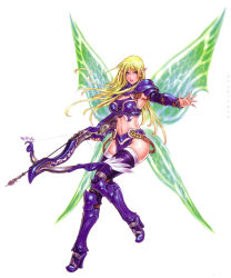 Rule 34 | 1girl, absurdres, armor, armpits, bikini armor, blonde hair, blue eyes, boots, bow (weapon), butterfly wings, crossbow, elf, fingernails, high heels, highres, insect wings, knee boots, lipstick, loincloth, long fingernails, long hair, makeup, midriff, mu online, nail, no panties, non-web source, pelvic curtain, pointy ears, scan, shoes, smile, solo, strap, thighhighs, weapon, wild flower, wings, yamashita shun&#039;ya