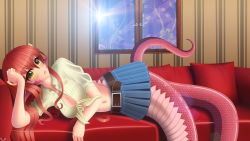 Rule 34 | 10s, 1girl, absurdres, belt, blacksaikou, blush, breasts, casual, cleavage, couch, head rest, highres, lamia, long hair, looking at viewer, lying, miia (monster musume), monster girl, monster musume no iru nichijou, navel, on side, parted lips, pillow, pointy ears, red hair, scales, shirt, skirt, slit pupils, solo, tied shirt, window, yellow eyes
