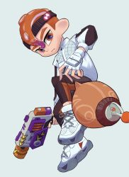 Rule 34 | 1boy, black hairband, brown pants, closed mouth, commentary request, fingerless gloves, full body, gloves, grey background, gun, hairband, highres, holding, holding gun, holding weapon, jacket, male focus, mohawk, nastar r0, nintendo, octoling, octoling boy, octoling player character, orange eyes, orange hair, pants, rapid blaster (splatoon), shoes, short hair, simple background, solo, splatoon (series), splatoon 3, sticker, tentacle hair, thick eyebrows, torpedo (splatoon), weapon, white footwear, white gloves, white jacket
