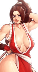 Rule 34 | 1girl, absurdres, arm behind head, armpits, breasts, cleavage, fatal fury, hand on own hip, highres, large breasts, legs, model pose, ponytail, shiranui mai, sideboob, smile, solo, thick thighs, thighs