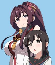 Rule 34 | 10s, 2girls, anchor symbol, bad id, bad pixiv id, black hair, blush, breasts, brown hair, cherry blossoms, flower, fubuki (kancolle), hair flower, hair ornament, height difference, kantai collection, long hair, looking at another, looking at viewer, low ponytail, medium breasts, multiple girls, ponytail, school uniform, serafuku, short ponytail, sidelocks, smile, tawashi1623, upper body, yamato (kancolle)