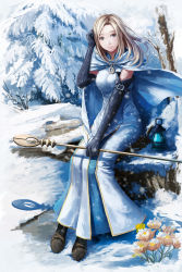 Rule 34 | 1girl, black gloves, blonde hair, breasts, brown eyes, buckle, cleric, cloak, closed mouth, commentary, dress, elbow gloves, flower, gloves, hand on own head, highres, holding, holding staff, lantern, long dress, long hair, looking at viewer, medium breasts, octopath traveler, octopath traveler i, ophilia (octopath traveler), outdoors, priestess, redpoke, sitting, smile, snow, snowing, staff, tree, white cloak, white dress