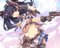 Rule 34 | 10s, 1girl, alternate costume, bare shoulders, black hair, cloud, dual wielding, female focus, fingerless gloves, four goddesses online: cyber dimension neptune, gloves, goggles, goggles on head, gun, hair ornament, handgun, highres, holding, long hair, looking at viewer, midriff, navel, neptune (series), normaland, pistol, red eyes, smile, solo, twintails, two side up, uni (neptunia), weapon