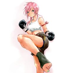 Rule 34 | 1girl, boxing gloves, breasts, closed mouth, final fantasy, final fantasy xiii, gloves, highres, lightning farron, long hair, looking at viewer, midriff, nail polish, navel, pink hair, purintai, simple background, solo, toeless legwear, toenail polish, toenails, toes, white background