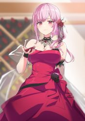 Rule 34 | 1girl, absurdres, alcohol, bare shoulders, black choker, blush, bottle, breasts, choker, commentary, cup, dress, drinking glass, english commentary, flower, hair flower, hair ornament, highres, holding, holding cup, hololive, hololive english, jewelry, lace-trimmed choker, lace trim, large breasts, long hair, looking at viewer, mori calliope, mori calliope (3rd costume), official alternate costume, pink eyes, pink hair, red dress, red flower, red rose, red wine, reulem, rose, sash, side ponytail, skull, sleeveless, sleeveless dress, smile, solo, strapless, strapless dress, virtual youtuber, wine, wine bottle, wine cellar, wine glass, wine rack