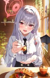 Rule 34 | 1girl, :d, absurdres, black necktie, black wings, blue archive, blush, braid, center frills, demon wings, food, frills, grey hair, hair ornament, halo, haruna (blue archive), highres, holding, holding spoon, long hair, long sleeves, looking at viewer, neck, necktie, open mouth, rahy, red eyes, shirt, side braid, single wing, smile, solo, spoon, white hair, white shirt, wings