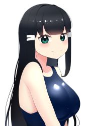 Rule 34 | 1girl, aqua eyes, artist name, artist request, bare shoulders, black hair, blue one-piece swimsuit, blunt bangs, breasts, collarbone, competition swimsuit, female focus, green eyes, hair ornament, hair over shoulder, hairclip, highres, kurosawa dia, long hair, looking at viewer, love live!, love live! sunshine!!, medium breasts, mole, mole under mouth, one-piece swimsuit, solo, swimsuit, white background