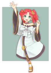 Rule 34 | 10s, 1girl, arm up, bad id, bad pixiv id, bare shoulders, blush, earrings, flower, fractale, green eyes, hair flower, hair ornament, jewelry, jpeg artifacts, long hair, masamuuu, necklace, nessa (fractale), open mouth, red hair, sandals, smile, solo, twintails, waving