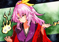 Rule 34 | 1girl, bad id, bad pixiv id, black border, border, breasts, cigarette, fire, gradient background, green background, hair between eyes, hair ribbon, hands up, japanese clothes, kimono, komakusa sannyo, long hair, long sleeves, looking at viewer, medium breasts, multicolored clothes, multicolored eyes, multicolored kimono, open mouth, pink hair, ponytail, purple kimono, purple sleeves, qqqrinkappp, red eyes, red kimono, red sleeves, ribbon, smile, solo, touhou, traditional media, wide sleeves, yellow eyes, yellow ribbon
