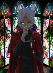 Rule 34 | 1boy, amakusa shirou (fate), cassock, cross, cross necklace, dark skin, dark-skinned male, fate/apocrypha, fate (series), holding, holding cross, jewelry, male focus, necklace, priest, solo, stained glass, white hair, yellow eyes, yoi (207342)