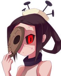 Rule 34 | 1girl, 2015, bare shoulders, black sclera, brown hair, collar, colored sclera, commentary, cyan aeolin, english commentary, highres, holding, holding mask, looking at viewer, mask, mask removed, metal collar, nail, painwheel (skullgirls), red eyes, sidelocks, skullgirls, sleeveless, solo, stitched face, stitches, upper body