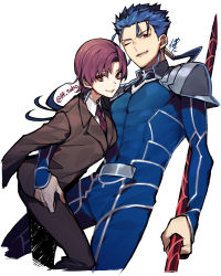 Rule 34 | 1boy, 1girl, 88 taho, arm around waist, armor, bazett fraga mcremitz, beads, blue hair, bodysuit, brown hair, collared shirt, cu chulainn (fate), earrings, fate/hollow ataraxia, fate (series), floating hair, formal, gae bolg (fate), grin, hair beads, hair ornament, holding, holding polearm, holding weapon, jacket, jewelry, cu chulainn (fate/stay night), long hair, long sleeves, looking at viewer, muscular, muscular male, necktie, one eye closed, pants, pauldrons, polearm, ponytail, purple hair, red eyes, shirt, short hair, shoulder armor, simple background, skin tight, smile, spiked hair, suit, twitter username, weapon, white background