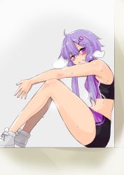 Rule 34 | 1girl, arms on knees, blush, commentary, from side, grin, hair ornament, half-closed eyes, heavy breathing, highres, knee blush, knees up, looking at viewer, looking to the side, purple eyes, purple hair, shoes, short hair with long locks, short shorts, shorts, shoulder blush, sidelocks, sitting, smile, sneakers, solo, sports bra, sweat, vocaloid, voiceroid, yuzuki yukari, zooanime