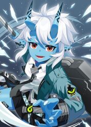 Rule 34 | 1girl, black necktie, blue skin, colored skin, highres, holding, holding weapon, horns, jacket, long sleeves, looking at viewer, necktie, oni, panties, pointy ears, red eyes, shirt, short hair, skin-covered horns, skirt, solo, soukaku (zenless zone zero), swepot, tail, underwear, weapon, white hair, zenless zone zero