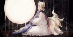 Rule 34 | 1girl, blonde hair, closed eyes, dress, fox tail, full moon, gradient background, hat, ikumi (iq3), light rays, long sleeves, moon, moonlight, multiple tails, night, night sky, own hands together, short hair, sitting, sky, solo, striped, striped background, tabard, tail, touhou, white dress, wide sleeves, window, yakumo ran