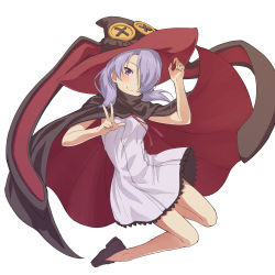 Rule 34 | 1girl, absurdres, animal ears, animal hat, arm up, black cape, black hat, blush, breasts, brown footwear, button eyes, buttons, cape, closed mouth, copyright request, dress, fake animal ears, fingernails, full body, hair over one eye, hat, highres, loafers, long hair, multicolored cape, multicolored clothes, nyama, purple eyes, purple hair, rabbit ears, rabbit hat, red cape, red ribbon, ribbon, shoes, simple background, sleeveless, sleeveless dress, small breasts, smile, solo, v, white background, white dress, witch hat