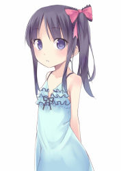 Rule 34 | 1girl, arms behind back, bare shoulders, black hair, blue eyes, bow, chestnut mouth, dress, hair bow, kyuri, open mouth, personification, pixsys, ribbon, side ponytail, sidelocks, simple background, solo, white background