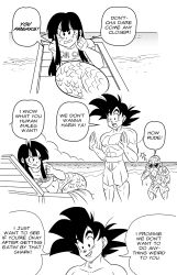 Rule 34 | 1girl, 2boys, angry, bald, beach, beach chair, beard, black eyes, black hair, breasts, chi-chi (dragon ball), cloud, comic, dragon ball, dragonball z, english text, facial hair, fins, fish tail, funsexydb, greyscale, hands up, highres, large breasts, long hair, mermaid, monochrome, monster girl, multiple boys, muscular, muscular male, mustache, muten roushi, name on shirt, navel, ocean, old, old man, rubbing, scales, smile, son goku, spiked hair, sunglasses, tail, topless male