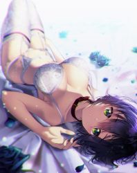 Rule 34 | 1girl, bad id, bad twitter id, bare arms, bare shoulders, bed sheet, black hair, blurry, bra, breasts, choker, chromatic aberration, cleavage, collarbone, commentary, depth of field, flower, fujiya takao, garter belt, green eyes, hair between eyes, highres, kusunoki suzu, large breasts, lingerie, looking at viewer, lying, navel, on back, original, panties, parted lips, petals, revision, rose, short hair, solo, stomach, strap gap, thighhighs, underwear, underwear only, white bra, white panties, white thighhighs
