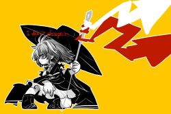 Rule 34 | 1girl, arrow (projectile), bowl, bowl hat, english text, female focus, full body, hat, kneeling, limited palette, monochrome, needle, profile, sewing needle, short hair, solo, spot color, sukuna shinmyoumaru, touhou, yellow background, yt (wai-tei)