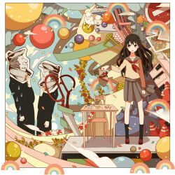 Rule 34 | animal, bag, ball, black eyes, black hair, chair, circle, concentric circles, confetti, curtains, desk, food, holding, holding bag, long hair, looking to the side, open mouth, original, photo (object), pleated skirt, rainbow, ribbon, rock, school uniform, scissors, sheep, skirt, socks, standing, star (symbol), statue, sunaya, traffic cone, uniform, water drop, wind