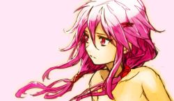 Rule 34 | 1girl, commentary request, from side, guilty crown, hair between eyes, hair ornament, hairclip, hungry clicker, low twintails, nude, pink background, pink hair, red eyes, simple background, solo, twintails, yuzuriha inori