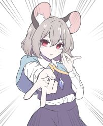 Rule 34 | 1girl, animal ears, black skirt, blue capelet, blue jacket, capelet, grey hair, highres, hihi (cvwv4322), jacket, long sleeves, looking at viewer, mouse ears, mouse girl, nazrin, red eyes, skirt, solo, speed lines, touhou, white background