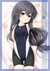 Rule 34 | 1girl, alternate costume, artist name, bike shorts, black hair, black one-piece swimsuit, character name, commentary request, competition swimsuit, cowboy shot, flat chest, hatsushimo (kancolle), highleg, highleg swimsuit, highres, inaba shiki, kantai collection, long hair, low-tied long hair, lying, multicolored clothes, multicolored swimsuit, one-piece swimsuit, red eyes, solo, swimsuit, swimsuit over clothes