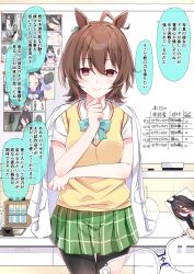 Rule 34 | 1girl, 1koma, absurdres, agnes tachyon (umamusume), ahoge, alternate uniform, animal ears, black pantyhose, bow, bowtie, brown eyes, brown hair, card, coat, coat on shoulders, comic, commentary request, earrings, unworn eyewear, flask, forehead, green bow, green bowtie, green skirt, hair between eyes, hand on own chin, highres, holding, holding photo, holding removed eyewear, horse ears, horse girl, jewelry, lab coat, laboratory, long bangs, manhattan cafe (umamusume), name connection, number 107 galaxy-eyes tachyon dragon, one eye closed, pantyhose, photo (object), plaid, plaid skirt, pleated skirt, pov, pov hands, sainan high school uniform, school uniform, shirt, short sleeves, single earring, skirt, smile, solo focus, speech bubble, sweater vest, test tube, test tube rack, tktk135, to love-ru, translation request, umamusume, when you see it, white shirt, whiteboard, x-ray glasses, x-ray vision, yellow sweater vest, yu-gi-oh!