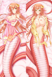 Rule 34 | 10s, 1girl, blush, breasts, covering privates, covering crotch, dakimakura (medium), hair ornament, hairclip, huge breasts, lamia, lingerie, long hair, lying, miia (monster musume), monster girl, monster musume no iru nichijou, multiple views, naked shirt, navel, nipples, on back, one eye closed, pointy ears, red hair, scales, shirt, slit pupils, smile, strap slip, underwear, yellow eyes