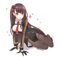 Rule 34 | 1girl, :o, absurdres, arm support, black gloves, blush, braid, breasts, brown eyes, brown hair, buttons, choyeon, collared shirt, double-breasted, full body, girls&#039; frontline, gloves, half gloves, highres, long hair, looking at viewer, medium breasts, military, military uniform, necktie, one side up, open mouth, pantyhose, red necktie, shirt, simple background, sitting, solo, sparkle, teeth, twitter username, uniform, wa2000 (girls&#039; frontline), white background, white shirt, yokozuwari