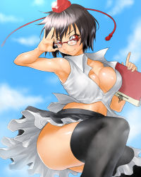 Rule 34 | 1girl, armpits, bare shoulders, bespectacled, black hair, black thighhighs, book, bottomless, breasts, cleavage, female focus, glasses, hat, looking at viewer, navel, no bra, no panties, onsoku inu, open clothes, open shirt, petticoat, red eyes, shameimaru aya, shirt, short hair, skirt, smile, solo, thighhighs, thighs, tokin hat, toned, touhou