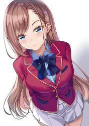 Rule 34 | 1girl, absurdres, advanced nurturing high school uniform, arms behind back, asymmetrical bangs, blazer, blue bow, blue bowtie, blue eyes, bow, bowtie, breasts, brown hair, closed mouth, collared shirt, commentary request, hair behind ear, highres, ichinose (24746718), jacket, large breasts, long hair, matsushita chiaki, pleated skirt, red jacket, school uniform, shirt, simple background, skirt, smile, white background, white shirt, white skirt, youkoso jitsuryoku shijou shugi no kyoushitsu e