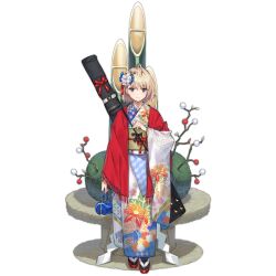 Rule 34 | 1girl, acr (girls&#039; frontline), acr (ultramarine fragrance) (girls&#039; frontline), ahoge, bamboo shoot, black socks, blonde hair, blue bag, blue eyes, blue kimono, capelet, closed mouth, floral print, flower, full body, girls&#039; frontline, hair flower, hair ornament, highres, holding, japanese clothes, kadomatsu, kimono, looking at viewer, mole, mole under eye, obi, object request, official alternate costume, official art, red capelet, red footwear, saitou masatsugu, sandals, sash, short hair, simple background, smile, socks, solo, standing, straight-on, tabi, transparent background, two-tone kimono, weapon case, white kimono, zouri