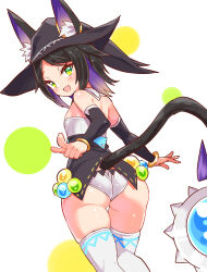 Rule 34 | 1girl, animal ears, ass, ball and chain (weapon), black gloves, black hair, black hat, black shirt, blue hair, cat ears, cat tail, commentary, cougar (cougar1404), detached collar, detached sleeves, ears through headwear, fang, from behind, gloves, green eyes, hat, levilina (cougar1404), looking at viewer, looking back, medium hair, multicolored hair, no pants, original, panties, pointing, pointing at viewer, shirt, skin fang, skindentation, solo, standing, strapless, strapless shirt, tail, thigh gap, thighhighs, two-tone hair, underwear, wedgie, white panties, white thighhighs, witch hat