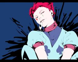 Rule 34 | 1boy, blue background, card in mouth, commentary request, facepaint, head tilt, highres, hisoka morow, hunter x hunter, male focus, mouth hold, red hair, short hair, sitting, smile, solo, spade card, wakasaki pyuuma