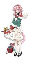 Rule 34 | animal ears, arknights, black footwear, blush, bow, box, braid, candy, candy cane, cat ears, cat girl, cat tail, food, footwear bow, full body, fur trim, gift, gift box, goldenglow (arknights), goldenglow (maiden for the bright night) (arknights), green sweater, hair bow, hair ornament, hairband, highres, holding, holding instrument, horn (instrument), instrument, kneehighs, long sleeves, looking at viewer, pink hair, pleated skirt, red shirt, rous (sgcc5612), shirt, shoes, simple background, skirt, smile, socks, standing, sweater, tail, white background, white skirt, white socks, x hair ornament, yellow eyes