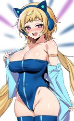 Rule 34 | + +, 1girl, bare shoulders, blonde hair, blush, breasts, chosen one&#039;s archpriestess veronica, covered navel, guardian tales, headphones, highres, large breasts, ndgd, official alternate costume, open clothes, open mouth, purple eyes, short hair with long locks, simple background, sleeveless, solo