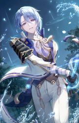 Rule 34 | 1boy, 723/nanahumi, armor, blue hair, blue sky, drawing sword, formal, genshin impact, gloves, hair between eyes, highres, holding, holding sword, holding weapon, japanese clothes, kamisato ayato, long sleeves, looking at viewer, mole, mole under mouth, purple eyes, shoulder armor, sky, solo, suit, sword, tassel, vision (genshin impact), water, water drop, weapon, white suit