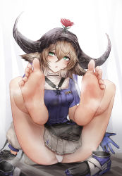 Rule 34 | 1girl, :o, absurdres, animal ears, arknights, bare legs, barefoot, black footwear, black gloves, blue gloves, blush, breasts, brown hair, cow ears, cow girl, cow horns, feet, gloves, green eyes, grey skirt, hair between eyes, highres, horns, legs up, long hair, looking at viewer, miniskirt, onedr, pallas (arknights), panties, parted lips, purple shirt, shirt, shoes, unworn shoes, short sleeves, simple background, sitting, skirt, small breasts, soles, solo, spread legs, steaming body, toes, two-tone gloves, underwear, upskirt, veil, white background, white panties