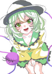 Rule 34 | 0002koko, 1girl, :d, absurdres, black hat, blush, breasts, cleavage, collarbone, commentary, crossed bangs, eyelashes, feet out of frame, foreshortening, frilled shirt collar, frilled skirt, frilled sleeves, frills, from above, green eyes, green hair, green skirt, hair between eyes, happy, hat, highres, komeiji koishi, lips, long sleeves, looking at viewer, looking up, medium breasts, medium hair, open mouth, shirt, simple background, sitting, sketch, skirt, smile, solo, teeth, third eye, touhou, tsurime, v arms, wavy hair, white background, wide sleeves, yellow shirt