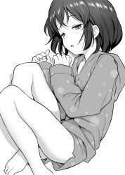 Rule 34 | 1girl, bare legs, barefoot, commentary request, foot out of frame, greyscale, half-closed eyes, hayake (chenran), hood, hoodie, legs folded, lying, monochrome, on side, open mouth, original, pajamas, short hair, shorts, solo