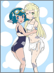 Rule 34 | 2girls, bikini, blonde hair, blue eyes, blue hair, braid, creatures (company), crown braid, dirty, dirty clothes, dirty face, from side, game freak, goggles, goggles on head, green eyes, hideyuki i, lana (pokemon), lillie (pokemon), long hair, looking to the side, midriff, mud, multiple girls, navel, nintendo, one-piece swimsuit, one eye closed, open mouth, pokemon, pokemon (anime), pokemon sm (anime), sarong, short hair, smile, standing, swimsuit, white bikini, white sarong