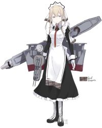 Rule 34 | 10s, 1girl, adapted costume, alternate costume, apron, blonde hair, blue eyes, boots, bow, character name, dated, dress, enmaided, gloves, graf zeppelin (kancolle), hair bow, kantai collection, kawashina (momen silicon), long dress, long hair, looking at viewer, machinery, maid, maid apron, maid headdress, necktie, plaid, sidelocks, solo, standing, twintails, white gloves, wrist cuffs