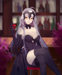 Rule 34 | 1girl, absurdres, ahoge, alcohol, alex (alex-xander), bar (place), bar stool, bare shoulders, black bow, black bowtie, black dress, black gloves, black thighhighs, blurry, blurry background, bottle, bow, bowtie, breasts, cleavage, collarbone, crossed legs, cup, depth of field, dress, drinking glass, elbow gloves, fate/grand order, fate (series), feet out of frame, gloves, grey hair, headpiece, highres, holding, holding cup, indoors, jeanne d&#039;arc (fate), jeanne d&#039;arc alter (avenger) (fate), jeanne d&#039;arc alter (fate), jeanne d&#039;arc alter (holy night supper) (fate), lace, lace-trimmed dress, lace-trimmed gloves, lace trim, long hair, looking at viewer, medium breasts, official alternate costume, orange eyes, parted lips, shelf, sitting, smile, solo, spilling, stool, strapless, strapless dress, thighhighs, v-shaped eyebrows, very long hair, wine, wine glass