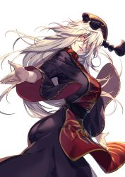 Rule 34 | 1girl, black dress, blonde hair, chinese clothes, cowboy shot, crescent, dress, from side, highres, junko (touhou), long hair, long sleeves, looking at viewer, looking to the side, parted lips, red eyes, sash, smile, solo, tabard, touhou, u u zan, very long hair, wide sleeves