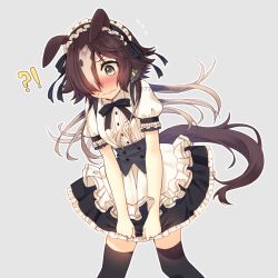Rule 34 | 1girl, alternate costume, animal ears, black bow, black thighhighs, blush, bow, brown eyes, brown hair, closed mouth, commentary request, cowboy shot, dress, ears down, embarrassed, enmaided, frilled dress, frills, grey background, hair ornament, hair over one eye, horse ears, horse girl, horse tail, long hair, maid, maid headdress, multicolored hair, nanashi (774umauma), puffy short sleeves, puffy sleeves, short sleeves, simple background, solo, streaked hair, tail, thighhighs, umamusume, vodka (umamusume), white hair