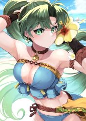 Rule 34 | 1girl, bare shoulders, bikini, blush, breasts, cleavage, fire emblem, fire emblem: the blazing blade, fire emblem heroes, flower, green eyes, green hair, highres, large breasts, long hair, looking at viewer, lyn (fire emblem), lyn (summer) (fire emblem), medium breasts, nakabayashi zun, navel, nintendo, ponytail, simple background, solo, strapless, strapless bikini, swimsuit, very long hair