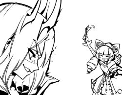 Rule 34 | 1boy, 1girl, animal ears, arm up, crown, dress, drill hair, facing another, fake animal ears, greyscale, grin, gwen (league of legends), holding, league of legends, long hair, long sleeves, monochrome, phantom ix row, profile, smile, soul fighter gwen, soul fighter viego, teeth, twin drills, twintails, viego (league of legends)